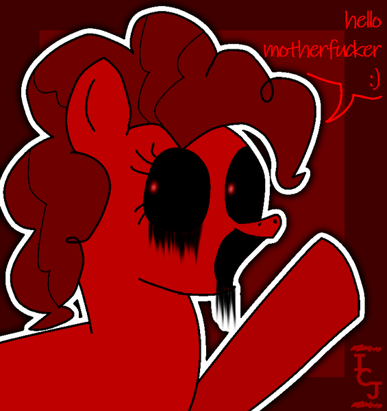 Size: 766x813 | Tagged: semi-grimdark, artist:icecreamjaxxie, derpibooru import, pinkie pie, earth pony, pony, luna game, bleeding eyes, creepypasta, female, looking at you, smiling, solo, speech bubble, vulgar, waving, zalgo, zalgo pie