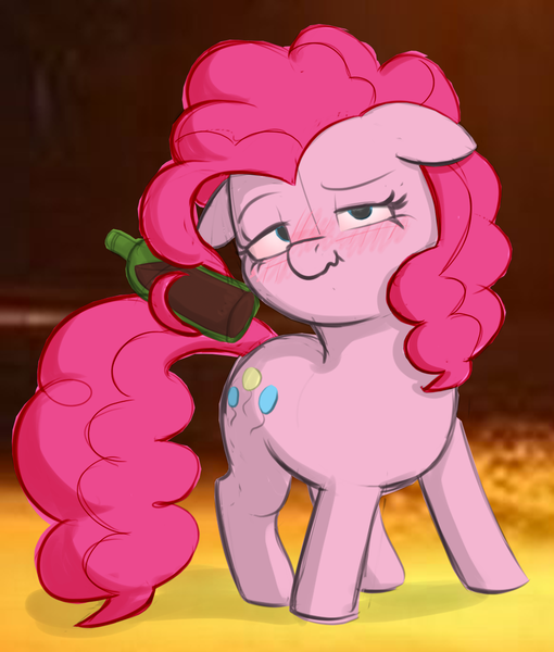 Size: 1244x1464 | Tagged: alcohol, artist:anonymous, artist:heretichesh, blushing, bottle, colored, derp, derpibooru import, drawthread, drunk, drunkie pie, looking at you, pinkie pie, safe, wine