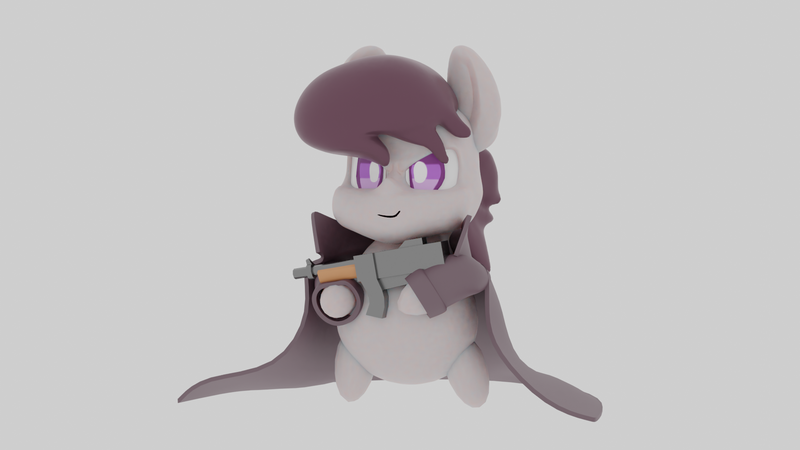 Size: 1920x1080 | Tagged: safe, artist:lifeloser, artist:queen-razlad, derpibooru import, octavia melody, earth pony, pony, 3d, ask-mafia-octavia, cape, chibi, clothes, female, gun, mafia, mafia octavia, simple background, smiling, solo, submachinegun, tommy gun, weapon, white background