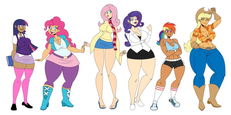 Size: 5100x2550 | Tagged: suggestive, artist:chillguydraws, derpibooru import, applejack, fluttershy, pinkie pie, rainbow dash, rarity, twilight sparkle, human, breasts, clothes, converse, diverse body types, front knot midriff, humanized, mane six, midriff, shoes, shorts, sports bra, sports shorts