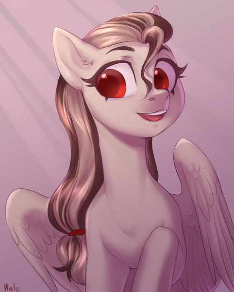 Size: 3216x4000 | Tagged: safe, artist:helemaranth, derpibooru import, oc, oc:indicia, pegasus, pony, bust, female, mare, pegasus oc, portrait, red eyes, smiling, solo, wings