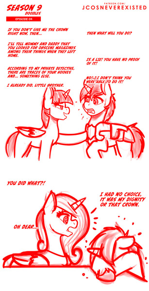 Size: 800x1562 | Tagged: safe, artist:jcosneverexisted, derpibooru import, princess cadance, shining armor, twilight sparkle, twilight sparkle (alicorn), alicorn, pony, sparkle's seven, blackmail, dialogue, female, male, mare, season 9 doodles, stallion, text