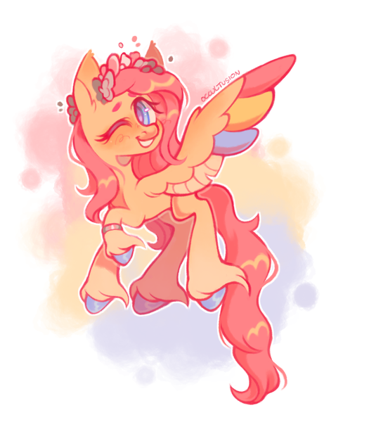 Size: 1220x1395 | Tagged: safe, artist:occultusion, derpibooru import, fluttershy, pegasus, pony, alternate hairstyle, blushing, colored wings, colored wingtips, cute, demigirl, demigirl pride flag, female, floral head wreath, flower, flying, grin, mare, one eye closed, pansexual, pansexual pride flag, pride, pride flag, raised hoof, shyabetes, smiling, solo, unshorn fetlocks, wings, wink, wristband