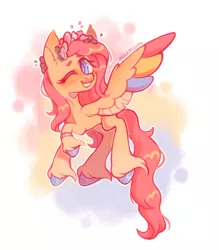Size: 1220x1395 | Tagged: safe, artist:occultusion, derpibooru import, fluttershy, pegasus, pony, alternate hairstyle, blushing, colored wings, colored wingtips, cute, demigirl, demigirl pride flag, female, floral head wreath, flower, flying, grin, mare, one eye closed, pansexual, pansexual pride flag, pride, pride flag, raised hoof, shyabetes, smiling, solo, unshorn fetlocks, wings, wink, wristband