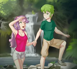 Size: 943x848 | Tagged: safe, artist:thebrokencog, derpibooru import, spike, sweetie belle, human, armpits, breasts, cleavage, clothes, commission, female, holding hands, humanized, male, one eye closed, shipping, shoes, shorts, spikebelle, straight, tanktop, waterfall, wink