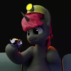 Size: 1920x1920 | Tagged: safe, artist:queen-razlad, derpibooru import, oc, unofficial characters only, pony, unicorn, 3d, blender, blender monkey, cycles, dark, looking at something, loot, miner, red mane, relaxing, solo, suzanne