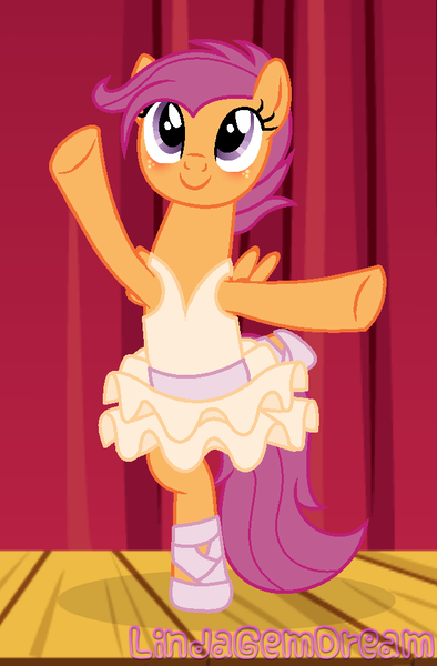 Size: 616x938 | Tagged: adult, arabesque, a royal problem, artist:lindagemdream, ballerina, ballet, ballet slippers, blushing, clothes, dancing, derpibooru import, facing you, one arm out, one arm up, on one leg, pegasus, safe, scootaloo, scootarina, scootatutu, smiling, stage, tutu