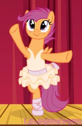 Size: 616x938 | Tagged: adult, arabesque, a royal problem, artist:lindagemdream, ballerina, ballet, ballet slippers, blushing, clothes, dancing, derpibooru import, facing you, one arm out, one arm up, on one leg, pegasus, safe, scootaloo, scootarina, scootatutu, smiling, stage, tutu