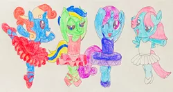 Size: 1280x685 | Tagged: safe, artist:capricorndiem456, derpibooru import, oc, oc:angrymetal, oc:beauty dash, oc:berry blue, oc:greenmetal, earth pony, pegasus, unicorn, arms raised, ballerina, ballerinas, ballet, ballet dancers, ballet dancing, ballet slippers, clothes, crossdressing, dancers, dancing, femboy, looking at you, male, on one leg, one eye closed, open mouth, pose, tutu, tutus, wink, winking at you