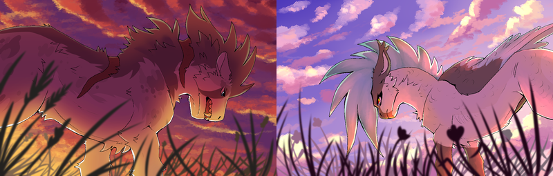 Size: 2752x876 | Tagged: safe, artist:darkimae, derpibooru import, oc, oc:dove, oc:fang, hybrid, pegasus, wolf, wolf pony, comparison, fangs, feather, finished, grass, lighting, scar, shading, sky, sunrise, sunset, teeth