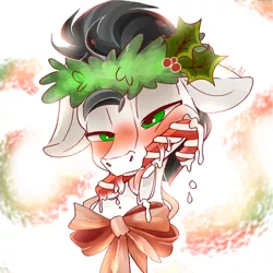 Size: 1080x1080 | Tagged: suggestive, artist:angeline shine, derpibooru import, oc, oc:skysprinter, pony, bedroom eyes, blushing, christmas, cum, holiday, sugar cane, tongue out