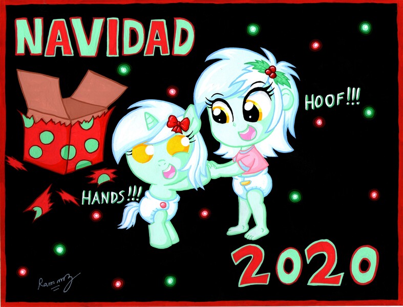 Size: 6594x5025 | Tagged: safe, artist:rammzblood, derpibooru import, lyra heartstrings, pony, unicorn, equestria girls, 2020, baby, baby pony, christmas, diaper, female, filly, filly lyra, hand, holiday, open mouth, present, self paradox, self ponidox, that girl sure loves hoof, that pony sure does love hands, younger