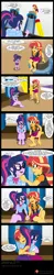 Size: 950x4862 | Tagged: suggestive, artist:niban-destikim, derpibooru import, sci-twi, sunset shimmer, twilight sparkle, comic:the shrinking project, equestria girls, barefoot, book, breasts, clothes, comic, comic strip, commission, dialogue, feet, forced perspective, holding hands, hug, micro, panties, patreon commission, pencil, skirt, sweat, table, test tube, underwear, upskirt, word balloon