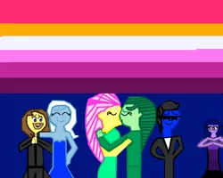 Size: 1280x1025 | Tagged: safe, artist:solareclipsetheadmin, derpibooru import, fluttershy, trixie, wallflower blush, oc, oc:grapefruit face, anthro, equestria girls, canon x oc, female, flutterblush, grapexie, lesbian, lesbian pride flag, male, pride, pride flag, shipping, straight