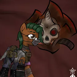 Size: 1000x1000 | Tagged: semi-grimdark, artist:devorierdeos, derpibooru import, oc, oc:carrot cola, unofficial characters only, earth pony, unicorn, fallout equestria, bonesaw, brown eyes, clothes, coat of arms, earth pony oc, emblem, face mask, female, fluttershy's cutie mark, glasses, green hair, jewelry, lunchbox, mask, necklace, raider, scissors, skull, solo