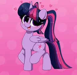 Size: 3639x3567 | Tagged: safe, artist:kittyrosie, derpibooru import, twilight sparkle, twilight sparkle (alicorn), alicorn, pony, abstract background, alternate hairstyle, blushing, cute, heart, high res, looking at you, open mouth, pigtails, raised hoof, smiling, solo, twiabetes, twigtails, twintails