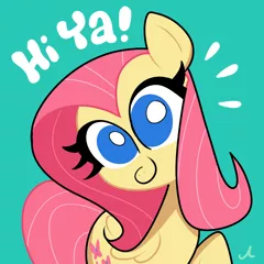 Size: 1500x1500 | Tagged: safe, artist:docwario, derpibooru import, fluttershy, pegasus, pony, cute, dialogue, female, looking at you, mare, no pupils, shyabetes, simple background, smiling, solo, teal background, text