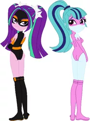 Size: 404x544 | Tagged: safe, artist:sturk-fontaine, derpibooru import, aria blaze, sonata dusk, equestria girls, alternate universe, arse-ia blaze, bases used, blazing black, clothes, duo, duo female, dusk melody, female, leotard, siblings, sisters, sonata donk, superhero, twins