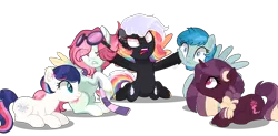 Size: 4000x1969 | Tagged: safe, artist:katelynleeann42, artist:sugaryicecreammlp, derpibooru import, oc, oc:celestial star, oc:fluffy cloud, oc:nova frenzy, oc:sugar soul, oc:thunder shock, unofficial characters only, earth pony, pegasus, pony, unicorn, clothes, female, goggles, mare, scarf, simple background, transparent background, two toned wings, wings