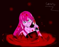 Size: 768x613 | Tagged: grimdark, artist:@cameron, derpibooru import, pinkie pie, anthro, human, fanfic:cupcakes, blood, blood pool, bloody knife, breasts, creepypasta, female, grin, humanized, knife, long hair, looking at you, pinkamena diane pie, smiling, smirk