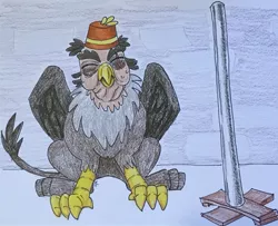 Size: 1023x832 | Tagged: artist needed, safe, derpibooru import, grampa gruff, gryphon, drawing, eye scar, eyes closed, festivus, fez, folded wings, hat, male, pole, scar, seinfeld, sitting, solo, traditional art, wings