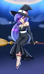 Size: 1100x1850 | Tagged: safe, artist:melliedraws, derpibooru import, rarity, human, broom, clothes, dress, hat, humanized, pentagram, sleeveless, solo, witch, witch hat