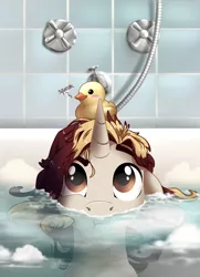 Size: 1300x1794 | Tagged: safe, artist:28gooddays, derpibooru import, oc, oc:felt whisper, unofficial characters only, pony, unicorn, bath, bathtub, commission, rubber duck, solo, ych result