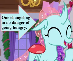 Size: 865x720 | Tagged: safe, derpibooru import, edit, edited screencap, screencap, ocellus, changeling, the hearth's warming club, caption arrow, cropped, cute, dhx is trying to murder us, diaocelles, hearth's warming decorations, solo, text, weapons-grade cute, window