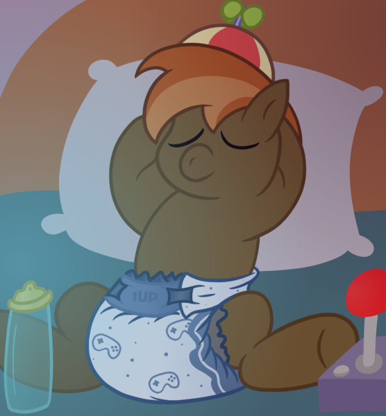 Size: 1852x2000 | Tagged: questionable, artist:sweetielover, derpibooru import, button mash, earth pony, pony, arm behind head, baby bottle, bed, bedroom, colt, controller, diaper, diaper fetish, eyes closed, fetish, foalcon, image, male, nightime, pillow, png, poofy diaper, relaxed, solo, solo colt, underage