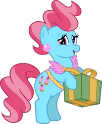 Size: 4000x4855 | Tagged: safe, artist:jeatz-axl, derpibooru import, cup cake, earth pony, pony, absurd resolution, bipedal, female, holding a present, looking at you, mare, present, simple background, solo, transparent background, vector