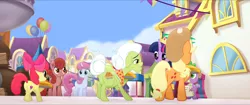 Size: 1920x808 | Tagged: safe, derpibooru import, screencap, apple bloom, applejack, granny smith, spike, twilight sparkle, twilight sparkle (alicorn), unnamed character, unnamed pony, alicorn, dragon, earth pony, pony, unicorn, my little pony: the movie, spoiler:my little pony the movie, apple, apple bloom's bow, apple pie, applejack's hat, background pony, balloon, bow, butt, canterlot, checklist, cowboy hat, crown, cutie mark, female, filly, food, friendship festival, glitter glow, hair bow, hat, heart, heart hoof, hoof hold, jewelry, male, mare, pie, plot, regalia, the cmc's cutie marks, underhoof, we got this together