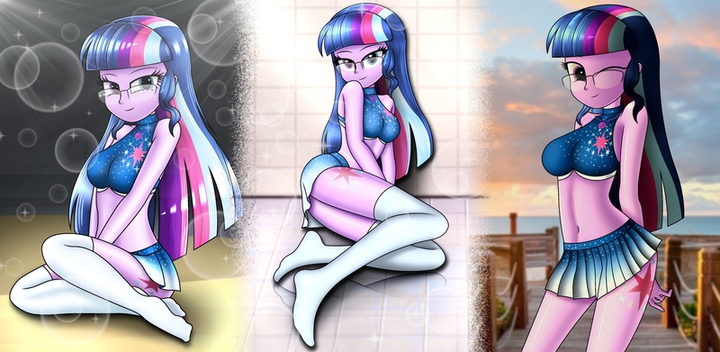 Size: 4096x2000 | Tagged: safe, artist:aryatheeditor, derpibooru import, sci-twi, twilight sparkle, human, equestria girls, adorasexy, ass, beach, bedroom eyes, belly, belly button, bikini, bikini top, breasts, bust, busty sci-twi, busty twilight sparkle, butt, clothes, cute, cutie mark, cutie mark on clothes, cutie mark on equestria girl, cutie mark on human, digital art, element of magic, evening, female, geode of telekinesis, glasses, heterochromia, hips, jewelry, long socks, looking at you, magical geodes, midriff, miniskirt, outfit, pose, powerful sparkle, purple hair, regalia, schrödinger's pantsu, sexy, shiny, skirt, sleeveless, smiling, smiling at you, socks, solo, sparkles, stocking feet, stockings, stupid sexy sci-twi, stupid sexy twilight, sunglasses, swimsuit, thigh highs, thighs, twiabetes, twibutt, wingding eyes