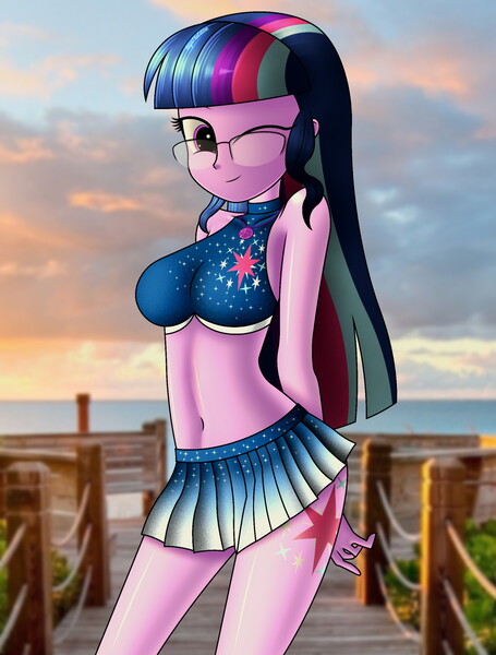 Size: 2500x3300 | Tagged: safe, artist:aryatheeditor, derpibooru import, sci-twi, twilight sparkle, human, equestria girls, adorasexy, ass, beach, bedroom eyes, belly, belly button, bikini, bikini top, breasts, bust, busty sci-twi, busty twilight sparkle, butt, clothes, cute, cutie mark, cutie mark on clothes, cutie mark on equestria girl, cutie mark on human, digital art, element of magic, evening, female, geode of telekinesis, glasses, heterochromia, hips, jewelry, long socks, looking at you, magical geodes, midriff, miniskirt, one eye closed, outfit, pose, powerful sparkle, purple hair, regalia, schrödinger's pantsu, sexy, shiny, skirt, sleeveless, smiling, smiling at you, solo, sparkles, stocking feet, stockings, stupid sexy sci-twi, stupid sexy twilight, sunglasses, swimsuit, thigh gap, thigh highs, thighs, twiabetes, twibutt, wingding eyes, wink, winking at you