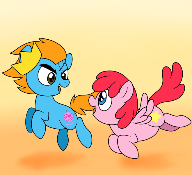 Size: 990x900 | Tagged: safe, artist:perfectpinkwater, derpibooru import, ponified, pegasus, pony, unicorn, barely pony related, colt, crossover, crown, cutie mark, jewelry, kirby, kirby (character), kirby's epic yarn, looking at each other, male, nintendo, prince fluff, regalia