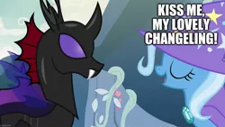 Size: 1280x720 | Tagged: safe, derpibooru import, edit, edited screencap, screencap, pharynx, trixie, to change a changeling, female, male, phartrix, shipping, straight, text