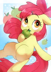Size: 924x1286 | Tagged: safe, artist:nendo, derpibooru import, apple bloom, earth pony, pony, adorabloom, apple, apple bloom's bow, bow, cute, female, filly, floppy ears, food, hair bow, hairpin, solo