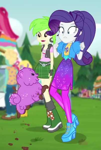 Size: 545x806 | Tagged: safe, derpibooru import, screencap, cherry crash, princess thunder guts, rarity, sandy cerise, zephyr breeze, dog, equestria girls, equestria girls series, lost and pound, spoiler:eqg series (season 2), clothes, cropped, female, food truck, geode of shielding, high heels, lost and pound: rarity, magical geodes, male, mud, muddy, music festival outfit, offscreen character, shoes, wide eyes