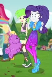 Size: 545x806 | Tagged: safe, derpibooru import, screencap, cherry crash, princess thunder guts, rarity, sandy cerise, zephyr breeze, dog, equestria girls, equestria girls series, lost and pound, spoiler:eqg series (season 2), clothes, cropped, female, food truck, geode of shielding, high heels, lost and pound: rarity, magical geodes, male, mud, muddy, music festival outfit, offscreen character, shoes, wide eyes