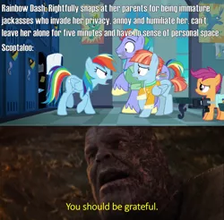 Size: 2000x1966 | Tagged: safe, derpibooru import, edit, edited screencap, screencap, bow hothoof, rainbow dash, scootaloo, windy whistles, pegasus, pony, parental glideance, angry, avengers: endgame, bags under eyes, burn marks, camera, caption, clothes, facial hair, family, father and child, father and daughter, female, filly, freckles, image macro, locker room, male, mare, meme, mohawk, mother and child, mother and daughter, multicolored mane, multicolored tail, open mouth, poster, scared, shirt, stallion, text, thanos