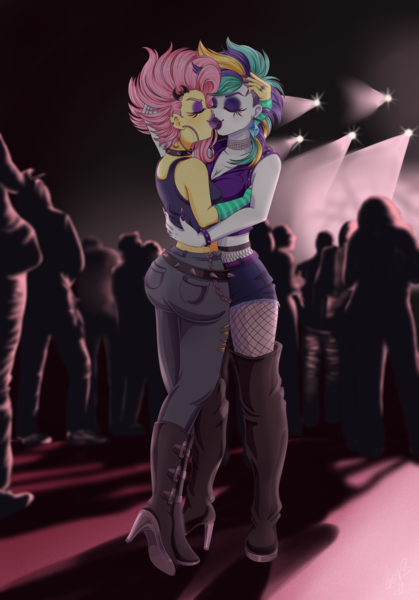 Size: 3000x4300 | Tagged: safe, artist:lucy-tan, derpibooru import, fluttershy, rarity, equestria girls, alternate hairstyle, ass, belt, boots, bracelet, breasts, butt, choker, cleavage, clothes, commission, ear piercing, earring, eyes closed, eyeshadow, female, fishnets, flarity, flutterbutt, flutterpunk, french kiss, high heel boots, hug, jacket, jeans, jewelry, kissing, leather jacket, lesbian, lipstick, makeup, midriff, nightclub, open mouth, pants, piercing, punk, raripunk, ring, shipping, shoes, shorts, socks, spiked choker, spiked wristband, stockings, tanktop, thigh boots, thigh highs, wristband