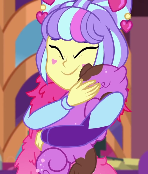 Size: 919x1080 | Tagged: safe, derpibooru import, screencap, princess thunder guts, supernova zap, dog, equestria girls, equestria girls series, lost and pound, spoiler:eqg series (season 2), cropped, cute, eyes closed, feather boa, female, hug, lost and pound: rarity, mud, muddy, su-z, su-z-betes