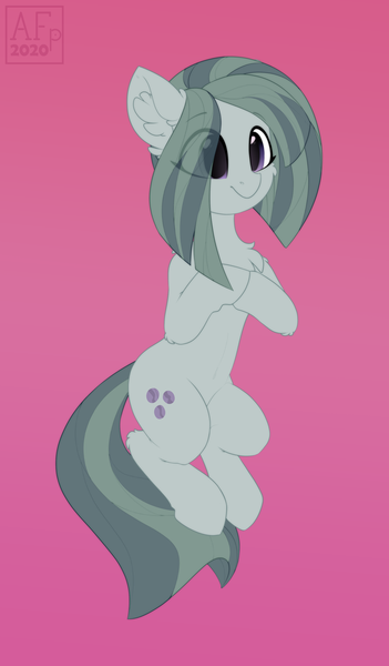 Size: 2582x4414 | Tagged: safe, artist:airfly-pony, derpibooru import, marble pie, earth pony, pony, chest fluff, cute, ear fluff, female, high res, hooves together, marblebetes, mare, pink background, signature, simple background, smiling, solo, three quarter view