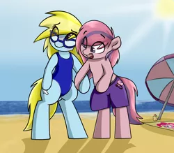 Size: 3200x2800 | Tagged: safe, artist:vipy, derpibooru import, pinkie pie, oc, oc:cloud cuddler, oc:sweet haze, unofficial characters only, pony, beach, clothes, glasses, holding hooves, mouse cursor, ocean, sun, swimming trunks, swimsuit, towel, umbrella
