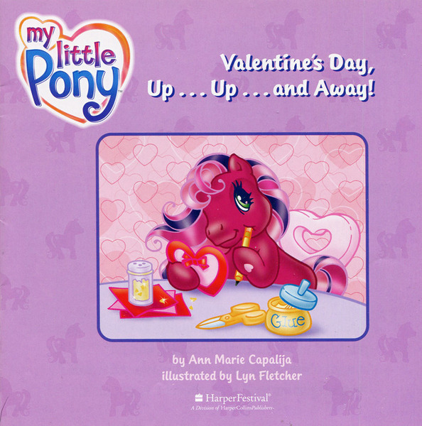 Size: 700x707 | Tagged: safe, artist:lyn fletcher, derpibooru import, cherry blossom (g3), pony, card, chair, g3, glitter, glue, handwritten text, heart, paper, pencil, scissors, sitting on, squishy cheeks, thinking, valentine's day up up and away