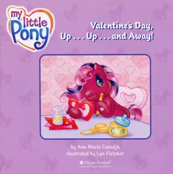 Size: 700x707 | Tagged: safe, artist:lyn fletcher, derpibooru import, cherry blossom (g3), pony, card, chair, g3, glitter, glue, handwritten text, heart, paper, pencil, scissors, sitting on, squishy cheeks, thinking, valentine's day up up and away