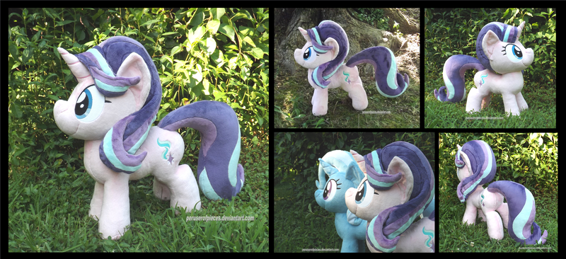 Size: 3833x1754 | Tagged: safe, artist:peruserofpieces, derpibooru import, starlight glimmer, trixie, pony, unicorn, female, irl, mare, photo, plushie, smiling, solo, tree