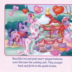 Size: 700x695 | Tagged: safe, artist:lyn fletcher, derpibooru import, kimono, minty, pinkie pie (g3), twinkle twirl, pony, bag, balloon, bandana, basket, clothes, flower in hat, g3, handwritten text, hat, headband, scarf, snow, streamers, tree, valentine's day up up and away, well, yin-yang