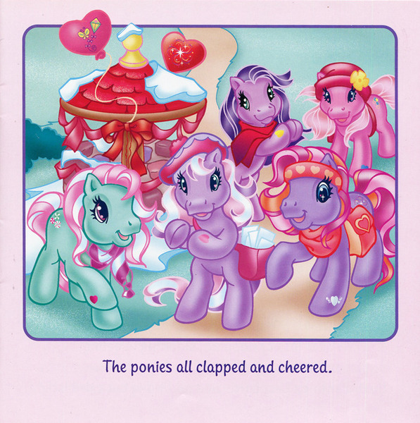 Size: 700x703 | Tagged: safe, artist:lyn fletcher, derpibooru import, kimono, minty, pinkie pie (g3), twinkle twirl, wysteria, pony, bag, balloon, bandana, clapping, clothes, envelope, flower in hat, g3, hat, headband, letter, mailbag, path, scarf, snow, streamers, valentine's day up up and away, well