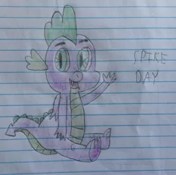 Size: 1388x1376 | Tagged: safe, artist:myoozik, derpibooru import, spike, dragon, baby, baby dragon, cute, eyebrows, fangs, folded wings, green eyes, happy, lined paper, looking at you, male, notebook, open mouth, photo, scales, sitting, smiling, solo, spikabetes, spike day, tail, text, traditional art, waving, waving at you, winged spike, wings
