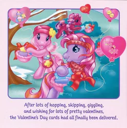 Size: 700x705 | Tagged: safe, artist:lyn fletcher, derpibooru import, cherry blossom (g3), pinkie pie (g3), twinkle twirl, pony, bag, balloon, basket, card, clothes, flower in hat, g3, hat, headband, letter, scarf, scrunchie, snow, streamers, tree, valentine's day up up and away